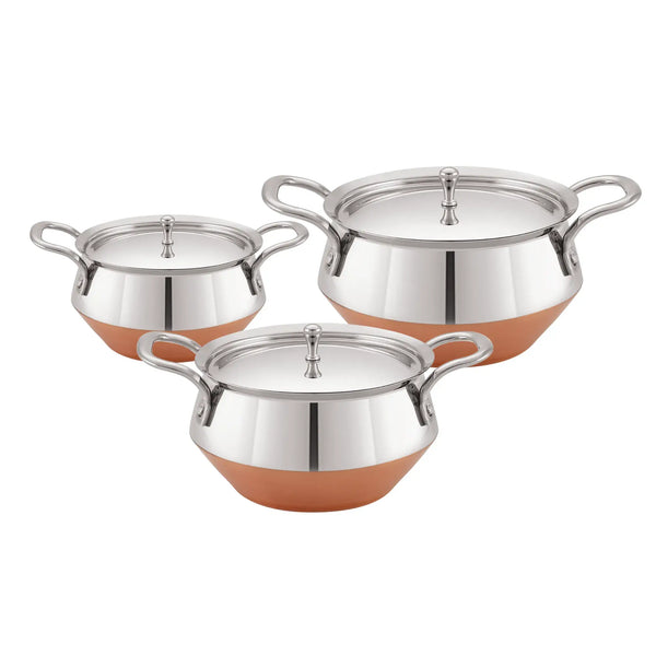 stainless steel cookwell pot set with copper bottom and lids, modern Indian cookware