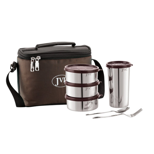 stainless steel tiffin lunch set with insulated carry bag, three stackable containers, tumbler, spoon and fork on white background.