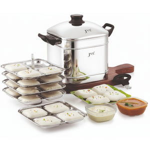 stainless steel square idly maker with 5 plates, freshly prepared idlis served with chutney and sambar