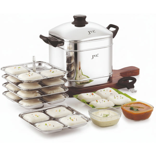 stainless steel square idly maker with 5 plates, freshly prepared idlis served with chutney and sambar